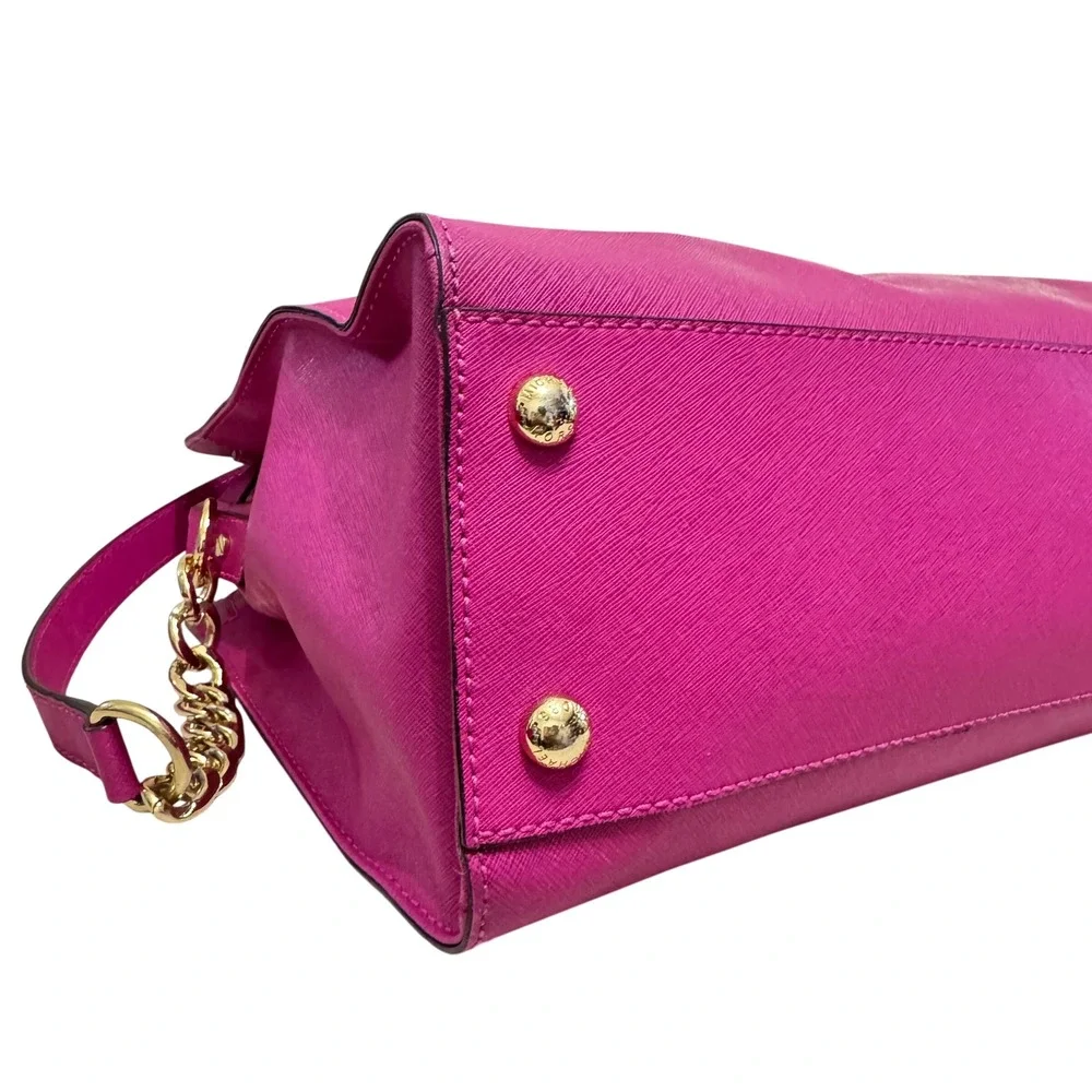 Michael Kors Hamilton Satchel Womens Large Fuchsia Pink Padlock Chain Bag - Picture 7 of 16